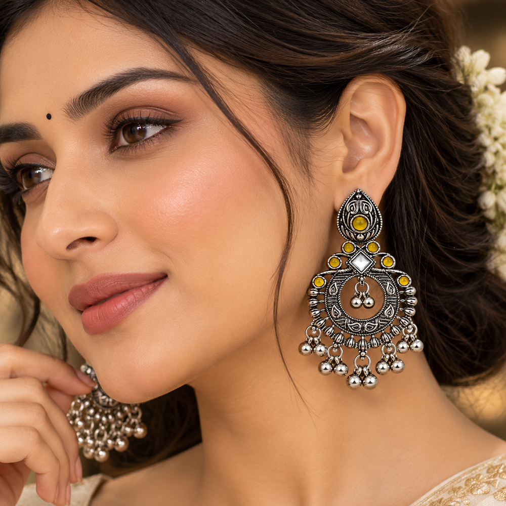 The99Jewel Oxidised Plated Pota Stone Dangler Earrings with Ghungroo Drops for Women