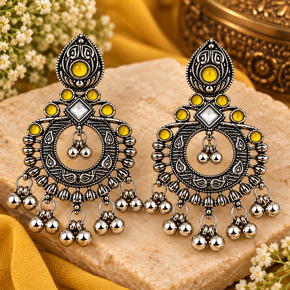 The99Jewel Oxidised Plated Pota Stone Dangler Earrings with Ghungroo Drops for Women
