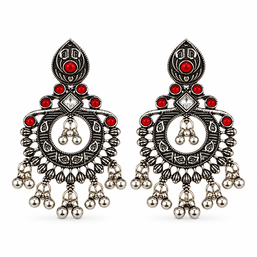 The99Jewel Oxidised Plated Pota Stone Dangler Earrings with Ghungroo Drops for Women