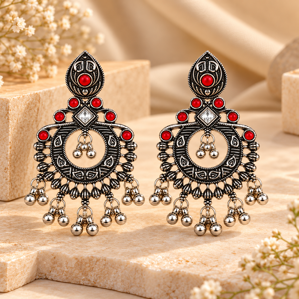 The99Jewel Oxidised Plated Pota Stone Dangler Earrings with Ghungroo Drops for Women