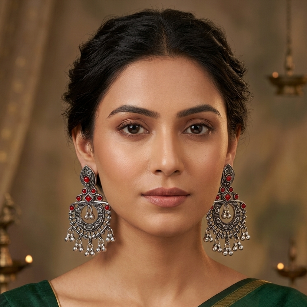 The99Jewel Oxidised Plated Pota Stone Dangler Earrings with Ghungroo Drops for Women