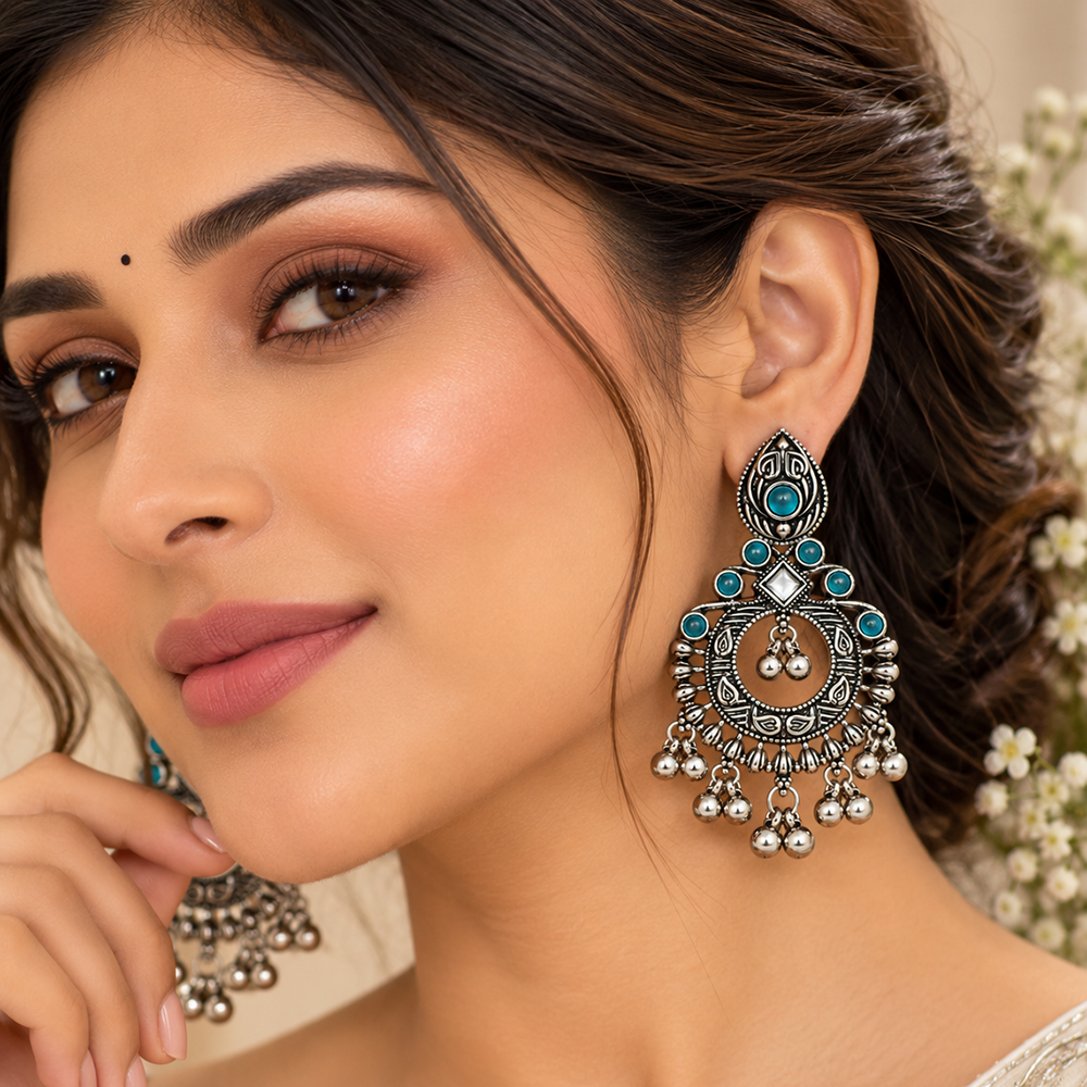The99Jewel Oxidised Plated Pota Stone Dangler Earrings with Ghungroo Drops for Women