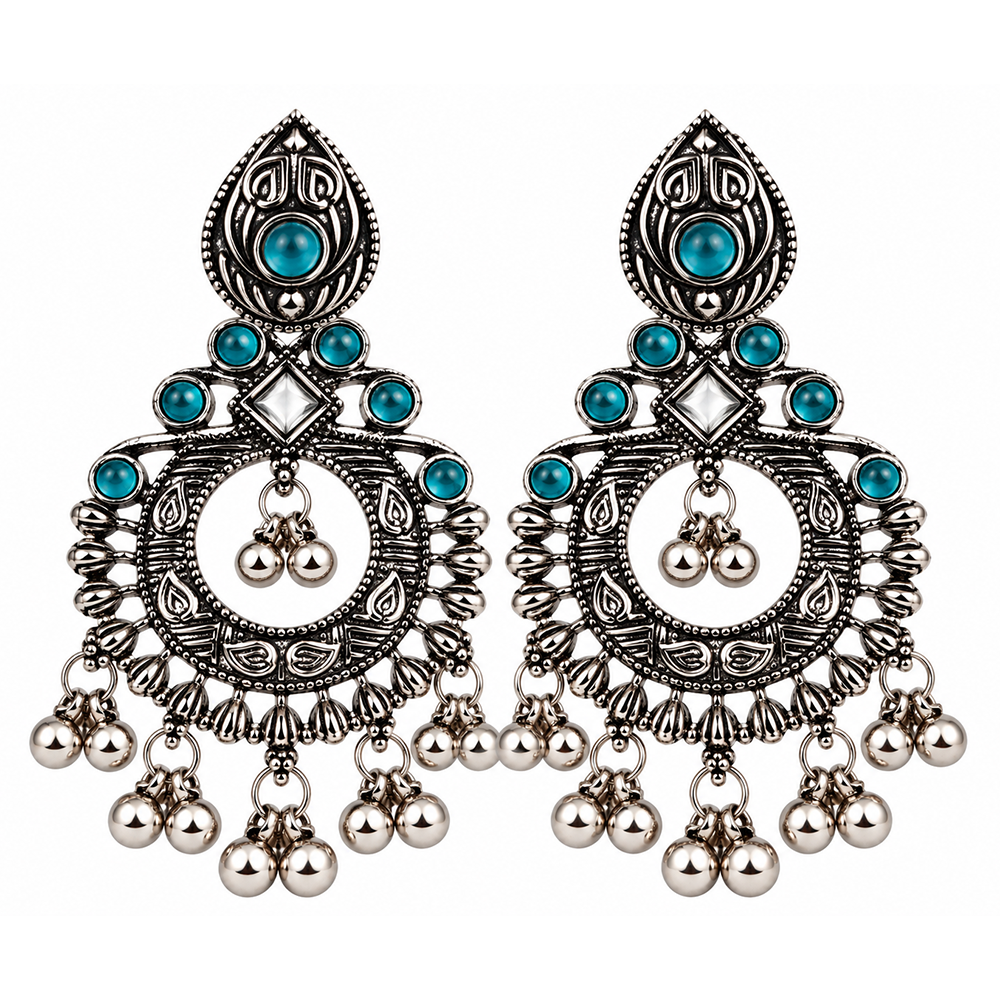 The99Jewel Oxidised Plated Pota Stone Dangler Earrings with Ghungroo Drops for Women