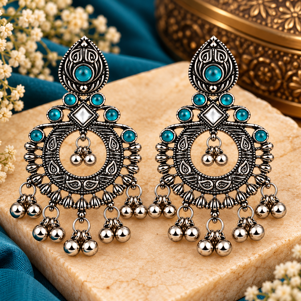 The99Jewel Oxidised Plated Pota Stone Dangler Earrings with Ghungroo Drops for Women