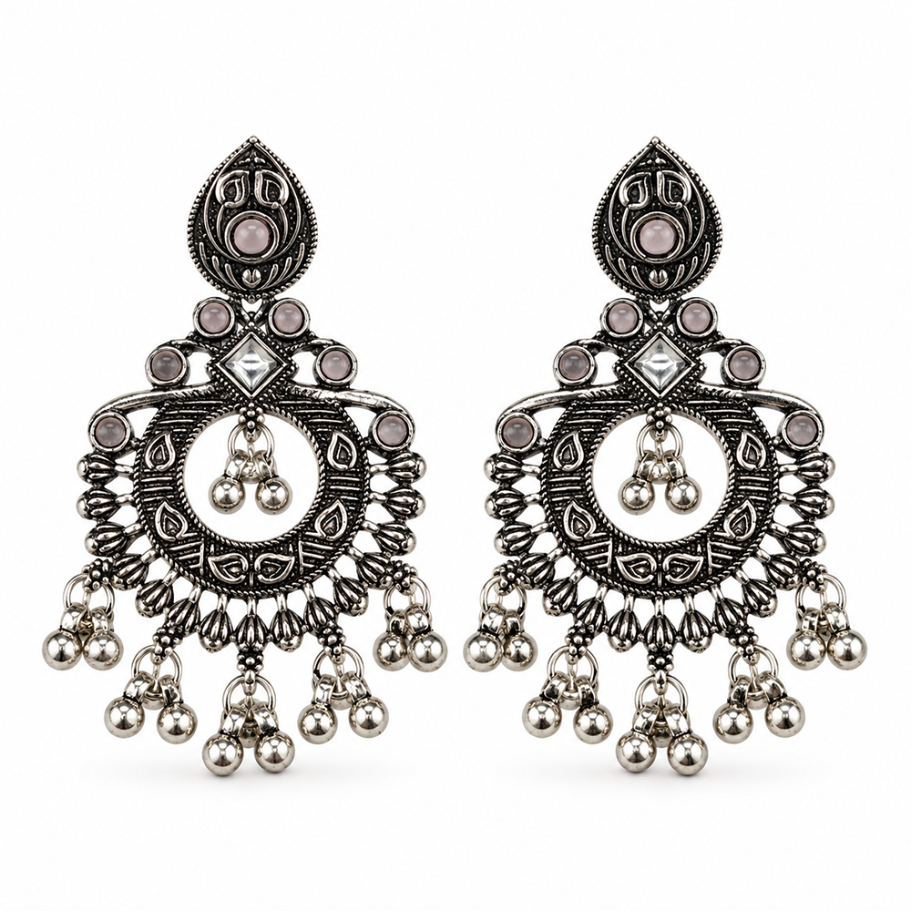 The99Jewel Oxidised Plated Pota Stone Dangler Earrings with Ghungroo Drops for Women