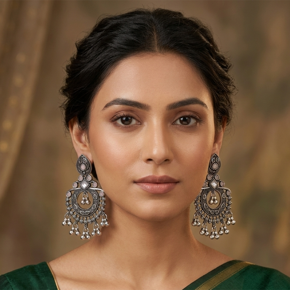 The99Jewel Oxidised Plated Pota Stone Dangler Earrings with Ghungroo Drops for Women