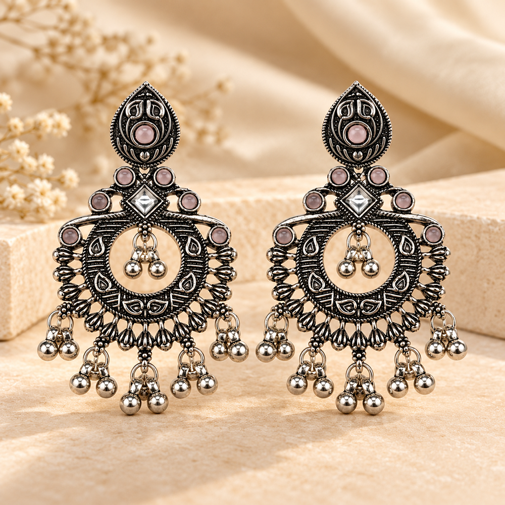 The99Jewel Oxidised Plated Pota Stone Dangler Earrings with Ghungroo Drops for Women