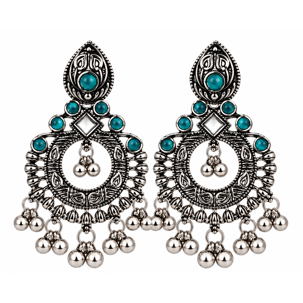 The99Jewel Oxidised Plated Pota Stone Dangler Earrings with Ghungroo Drops for Women
