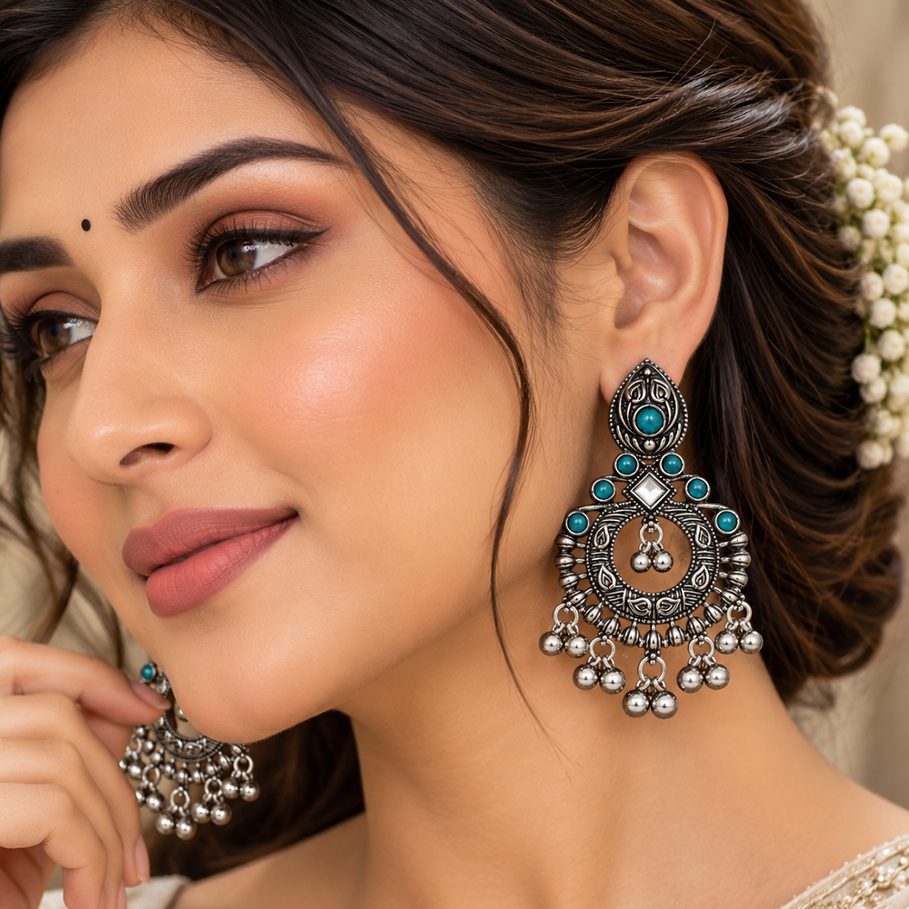 The99Jewel Oxidised Plated Pota Stone Dangler Earrings with Ghungroo Drops for Women