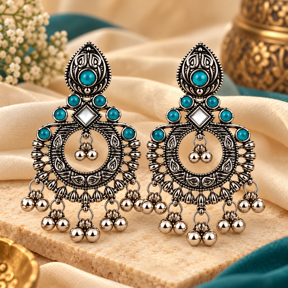 The99Jewel Oxidised Plated Pota Stone Dangler Earrings with Ghungroo Drops for Women