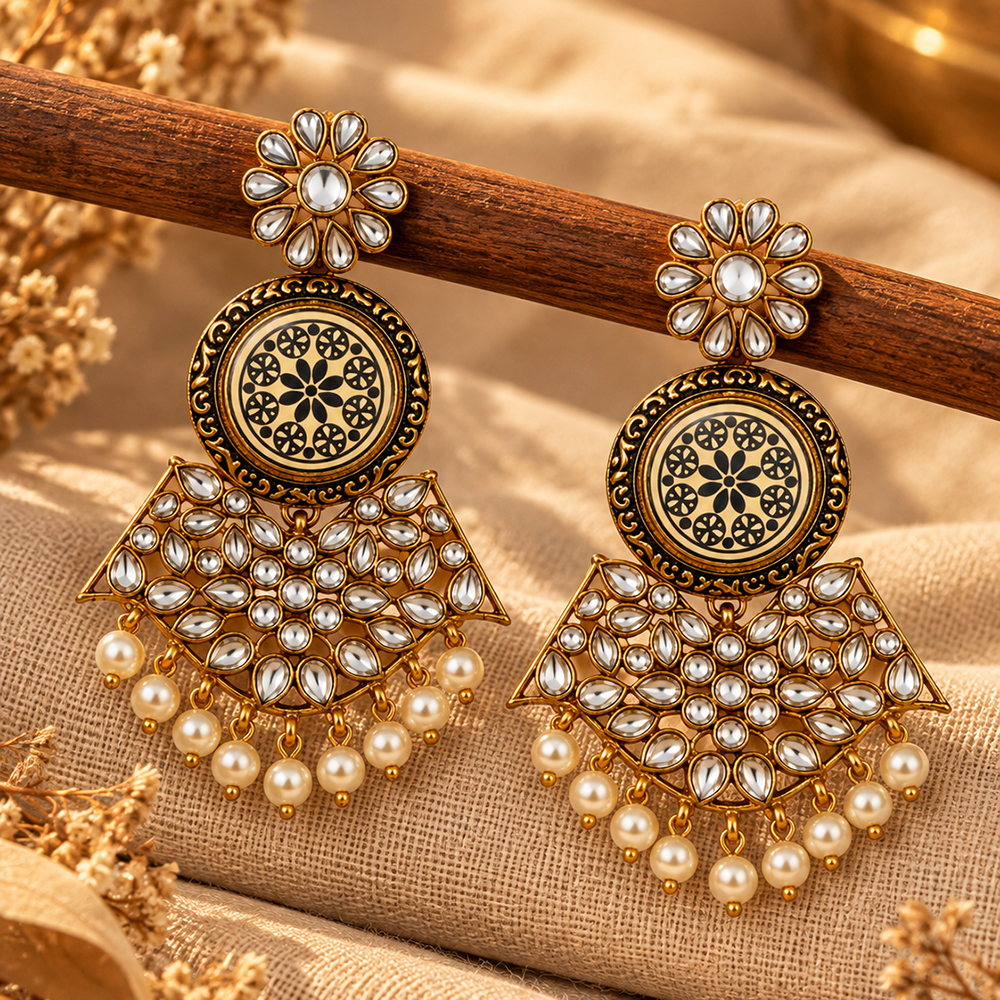 The99Jewel Elegant Kundan Stone Dangler Earrings with Pearl Drops | Traditional Indian Jewellery