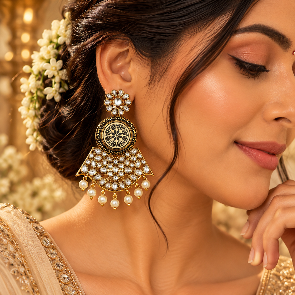 The99Jewel Elegant Kundan Stone Dangler Earrings with Pearl Drops | Traditional Indian Jewellery