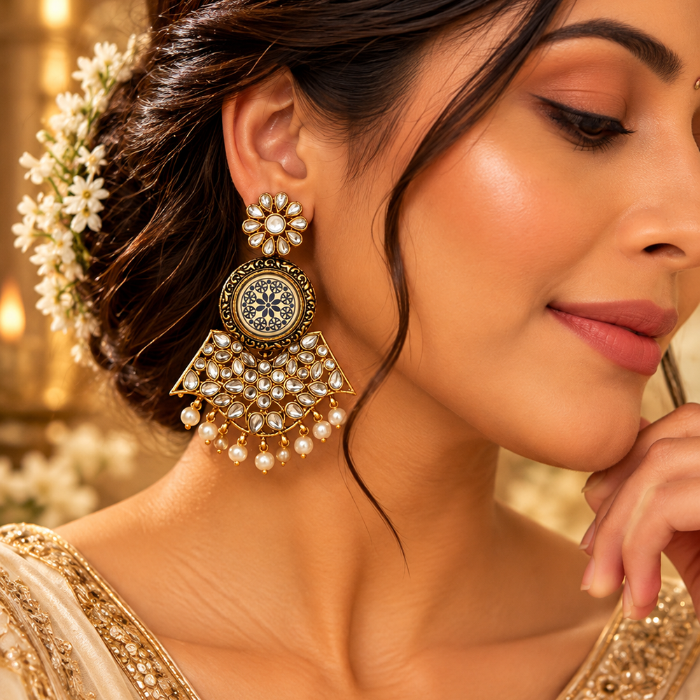 The99Jewel Elegant Kundan Stone Dangler Earrings with Pearl Drops | Traditional Indian Jewellery