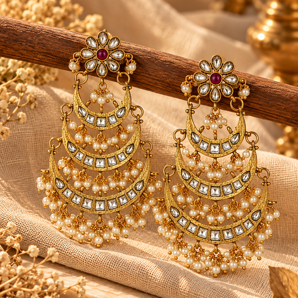 The99Jewel Elegant Kundan Stone Dangler Earrings with Pearl Drops | Traditional Indian Jewellery