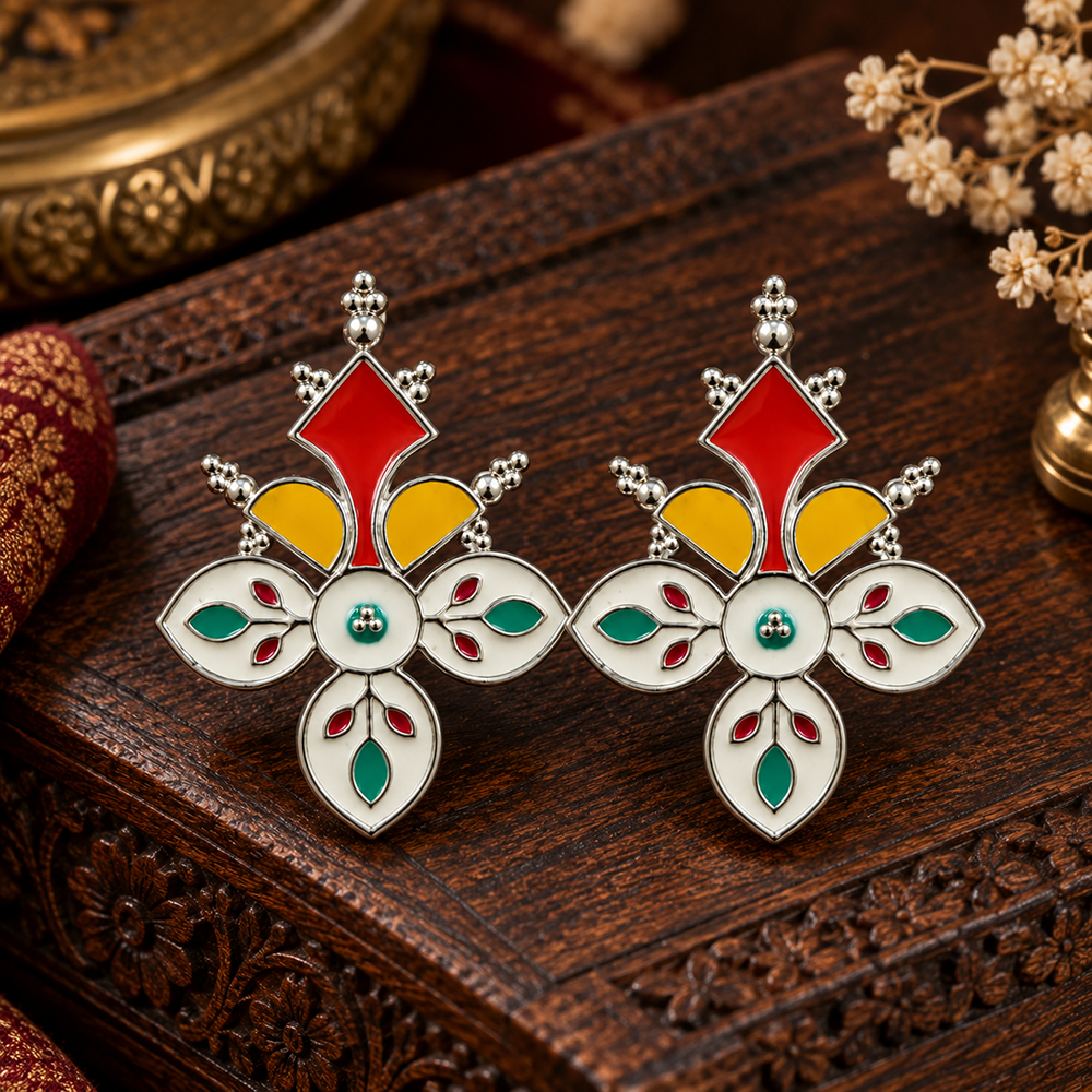 The99Jewel Stylish Floral Shape Silver Plated Meenakari Stud Earrings for Women