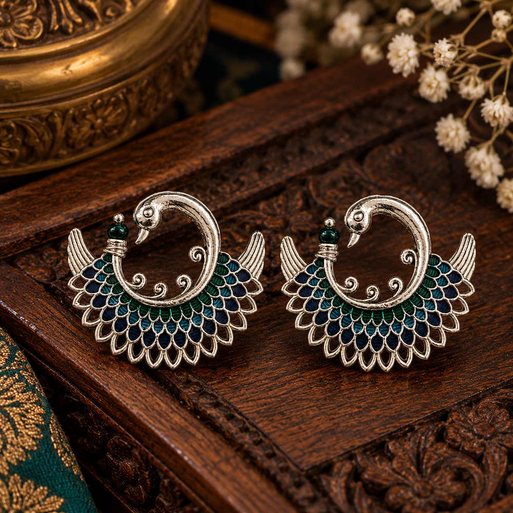 The99Jewel Graceful Peacock Shape Meenakari Stud Earrings | Silver Plated Fashion Jewellery