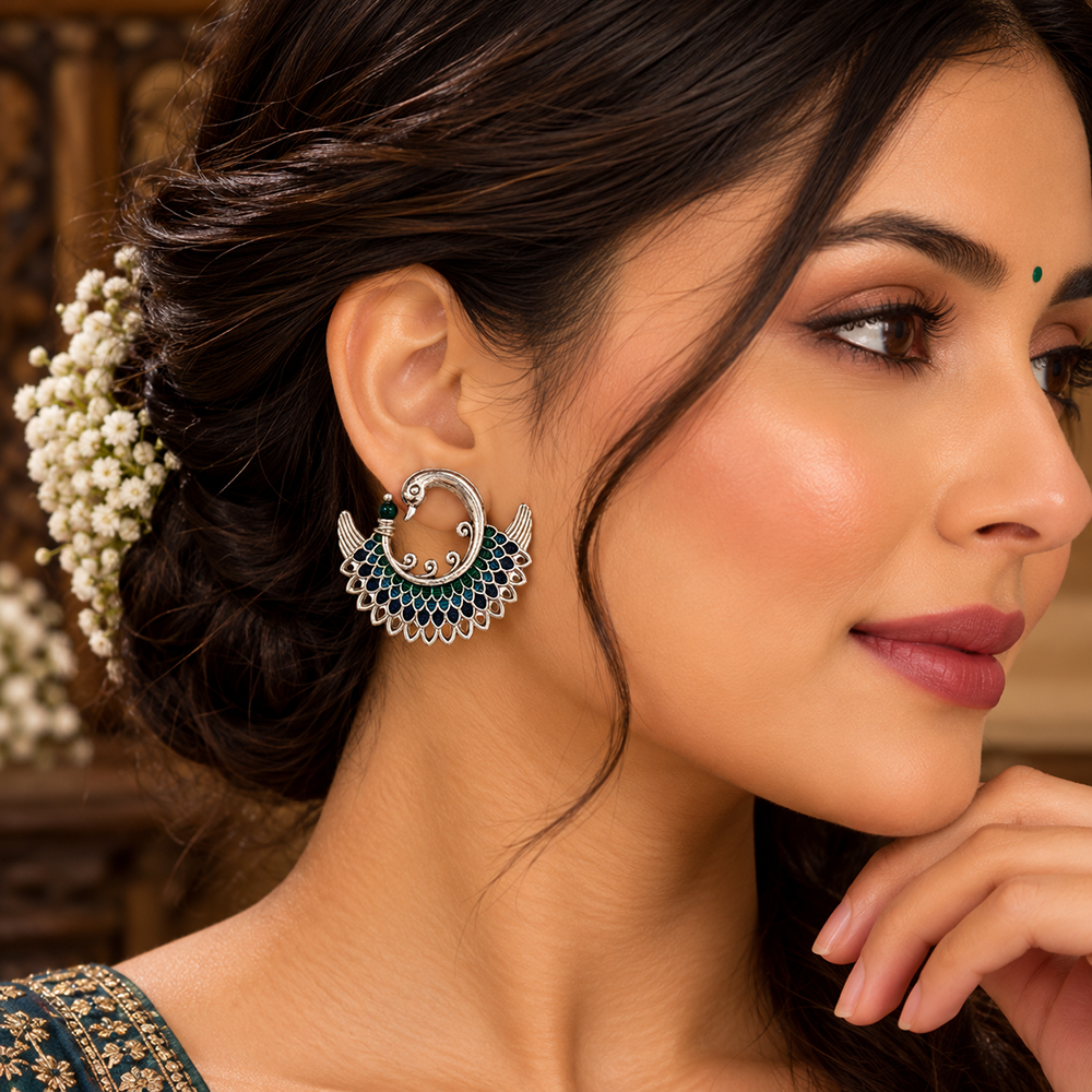 The99Jewel Graceful Peacock Shape Meenakari Stud Earrings | Silver Plated Fashion Jewellery