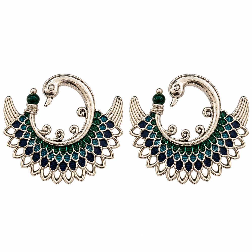 The99Jewel Graceful Peacock Shape Meenakari Stud Earrings | Silver Plated Fashion Jewellery