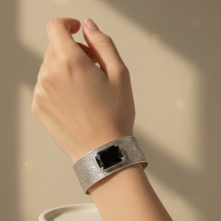 The99Jewel Black Vintage Silver Assorted Design Small Cuff Kada