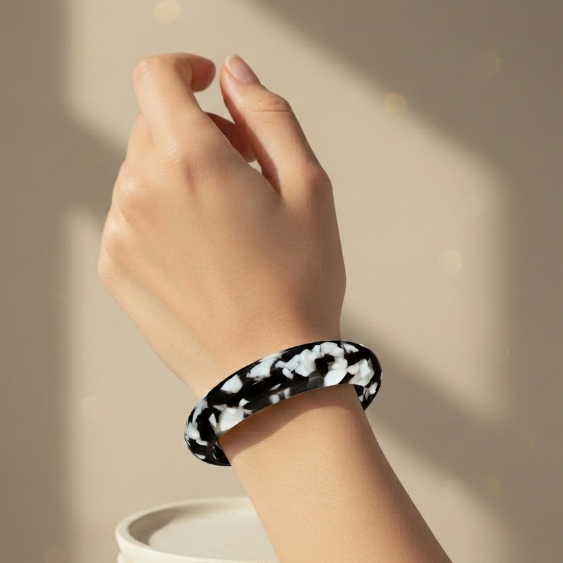 The99Jewel Black Color Marble Design Acrylic Kada