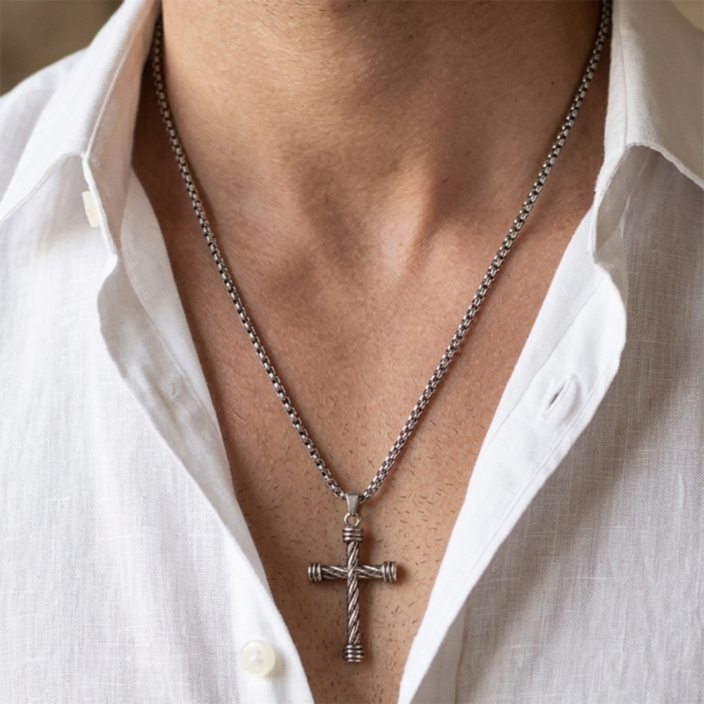 The99Jewel Cross Silver Texture Retro Pendant With Chain