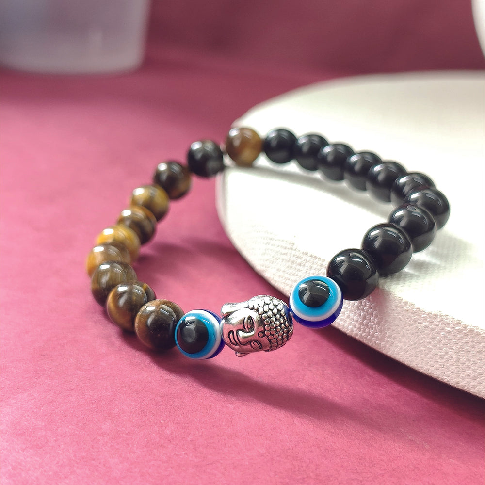 The99Jewel Mindful Harmony Tiger Eye Bracelet with Buddha & Evil Eye Details