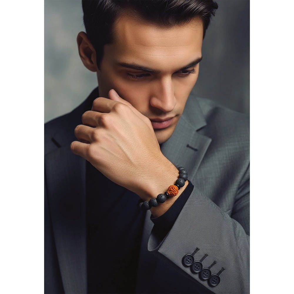 The99Jewel Natural Lava Stone & Rudraksha Beaded Bracelet for Men 