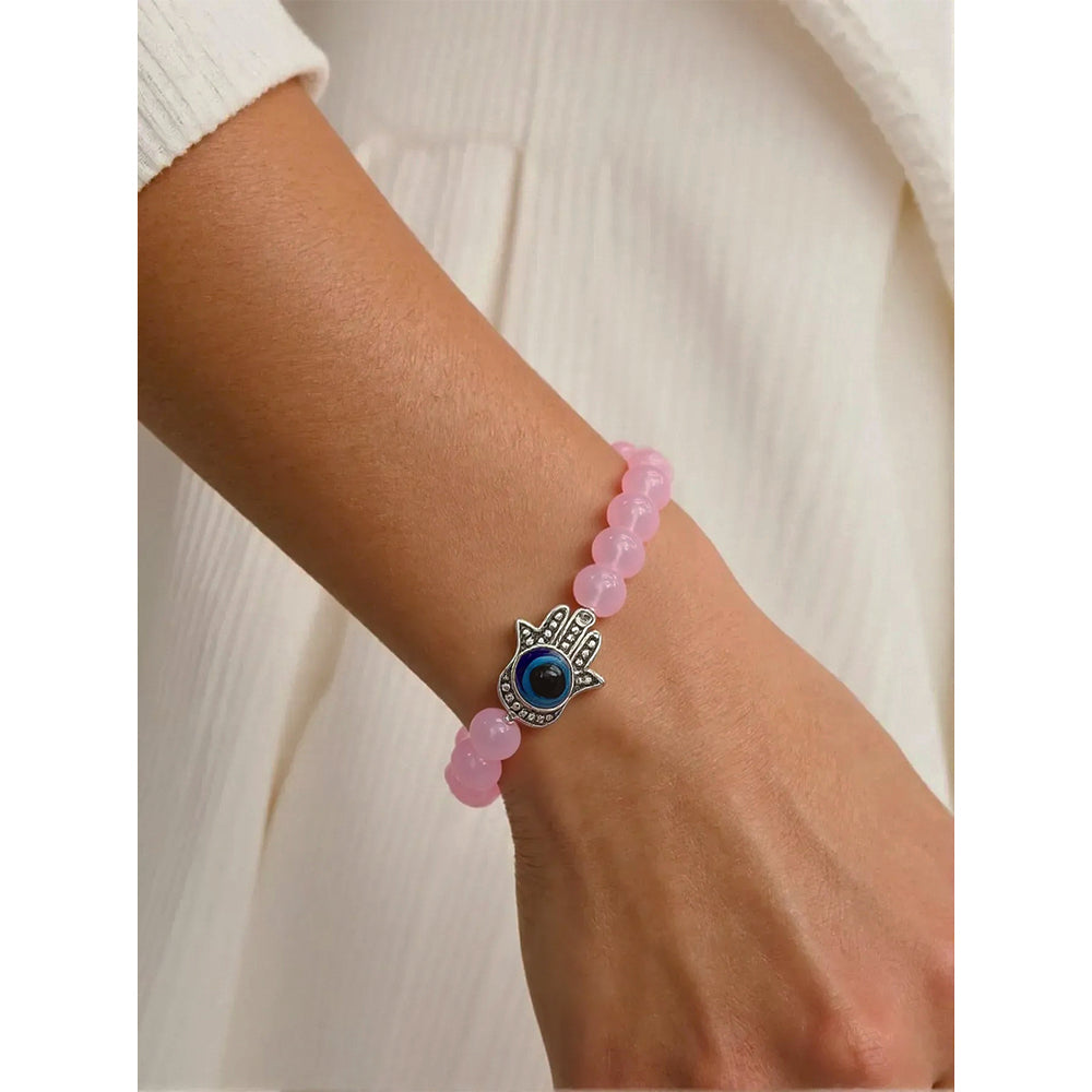 The99Jewel Pink Beads Hamsa Evil Eye Protection Stretch Bracelet for Women