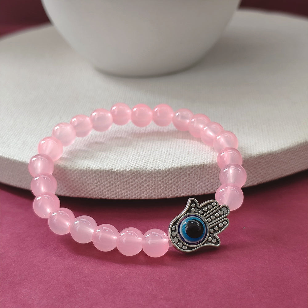 The99Jewel Pink Beads Hamsa Evil Eye Protection Stretch Bracelet for Women