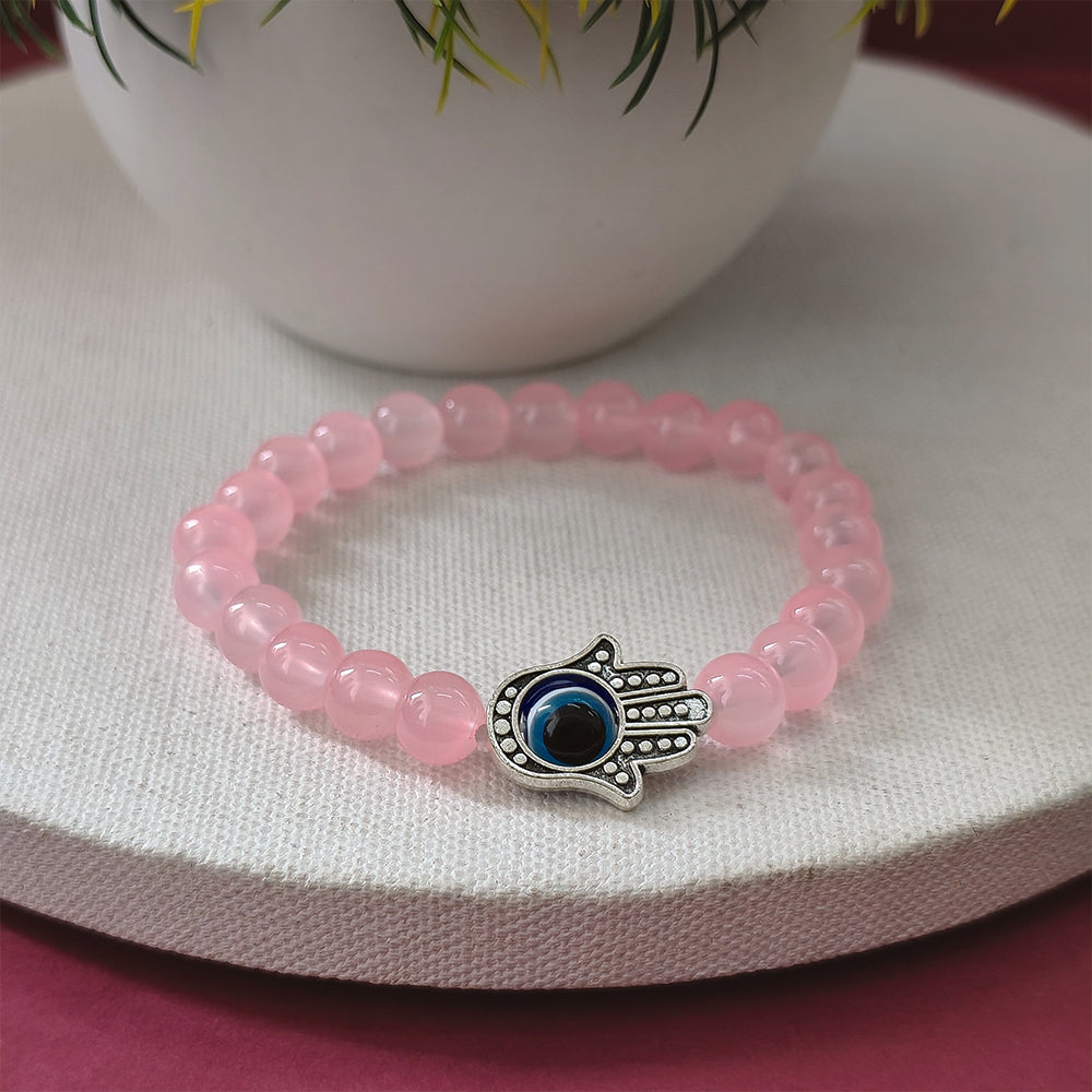 The99Jewel Pink Beads Hamsa Evil Eye Protection Stretch Bracelet for Women