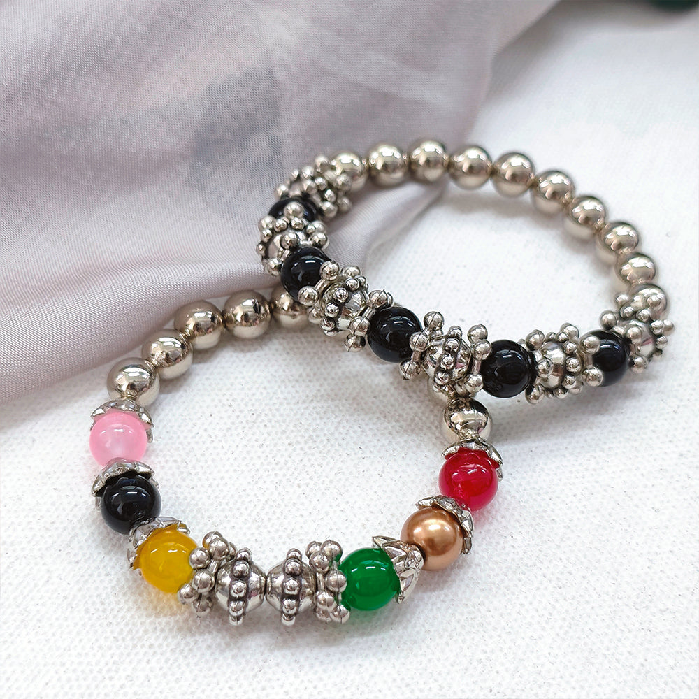 The99Jewel Silver Beads & Multicolor Crystal Stretch Bracelet Set for Women