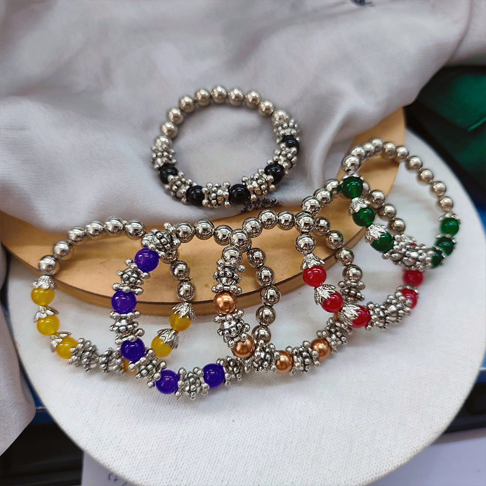 The99Jewel Silver Beads & Multicolor Crystal Stretch Bracelet Set for Women (Set of 6 )