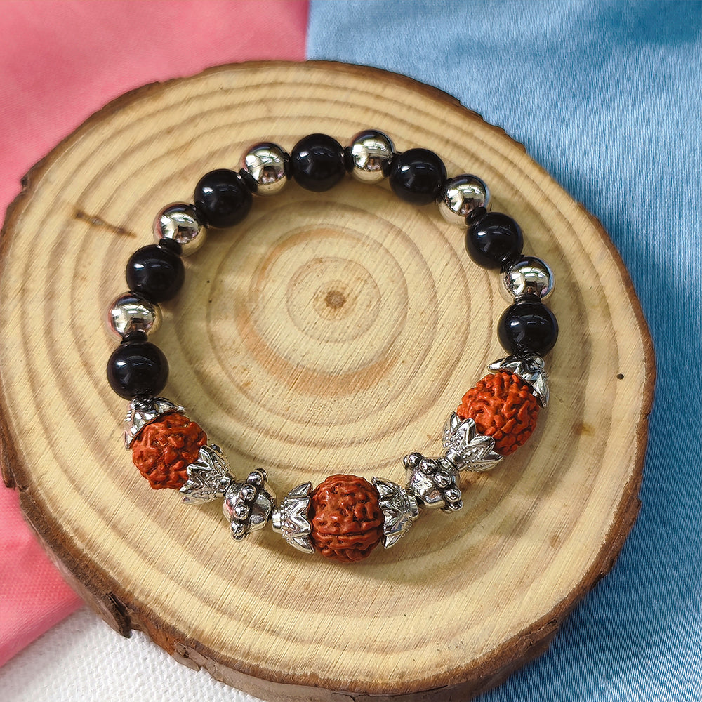 The99Jewel Rudraksha & Black Beaded Spiritual Stretch Bracelet