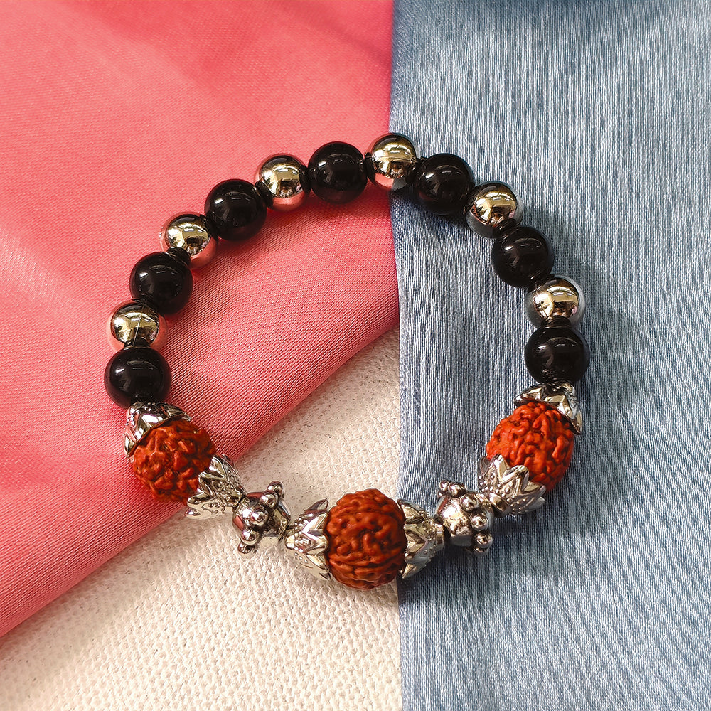 The99Jewel Rudraksha & Black Beaded Spiritual Stretch Bracelet