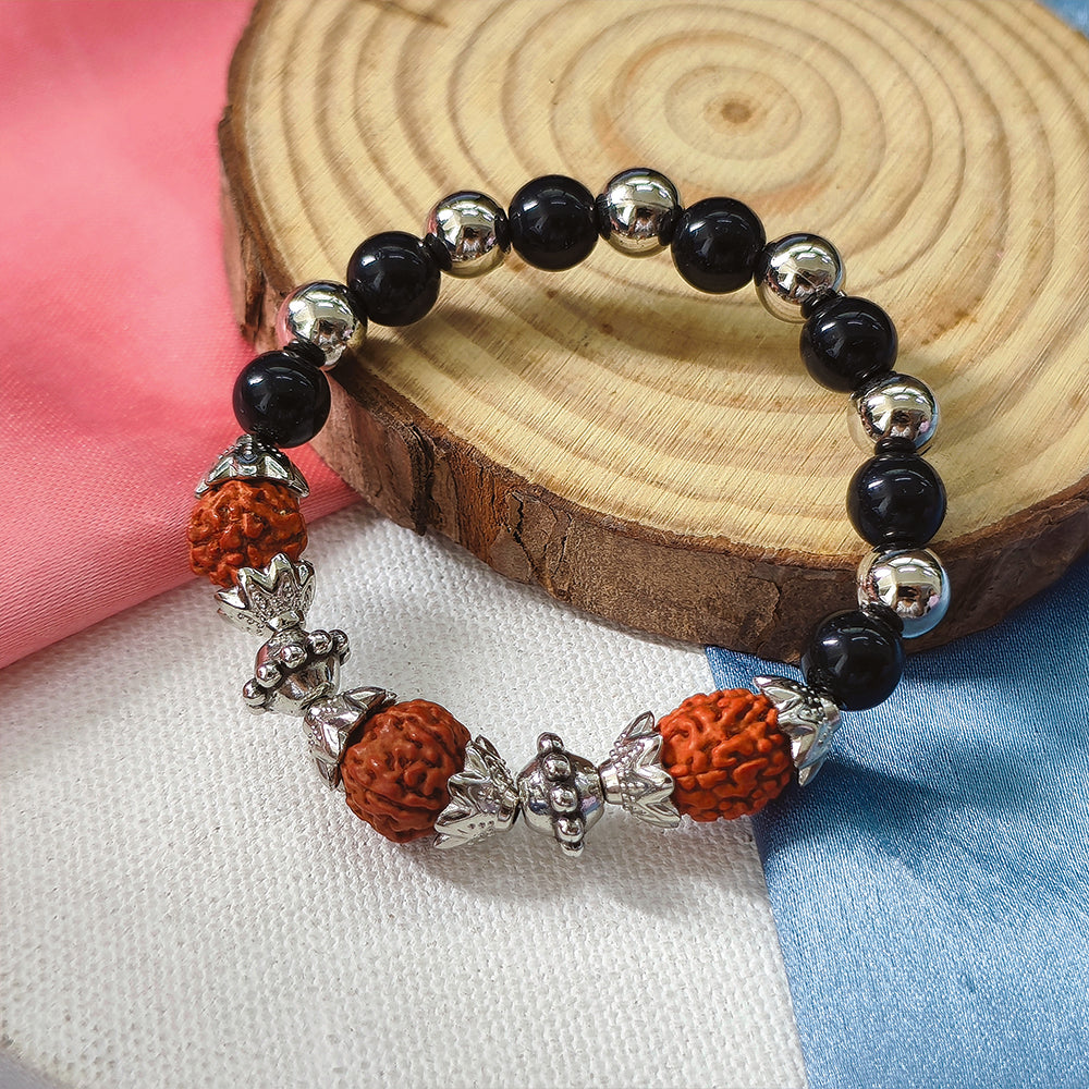 The99Jewel Rudraksha & Black Beaded Spiritual Stretch Bracelet 