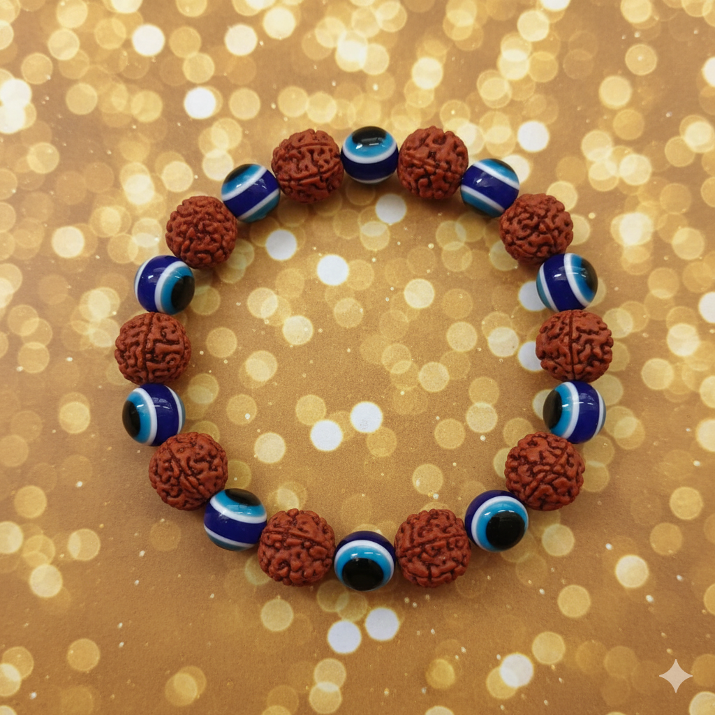The99Jewel Evil Eye And Rudraksha  Stretchable  Bracelet