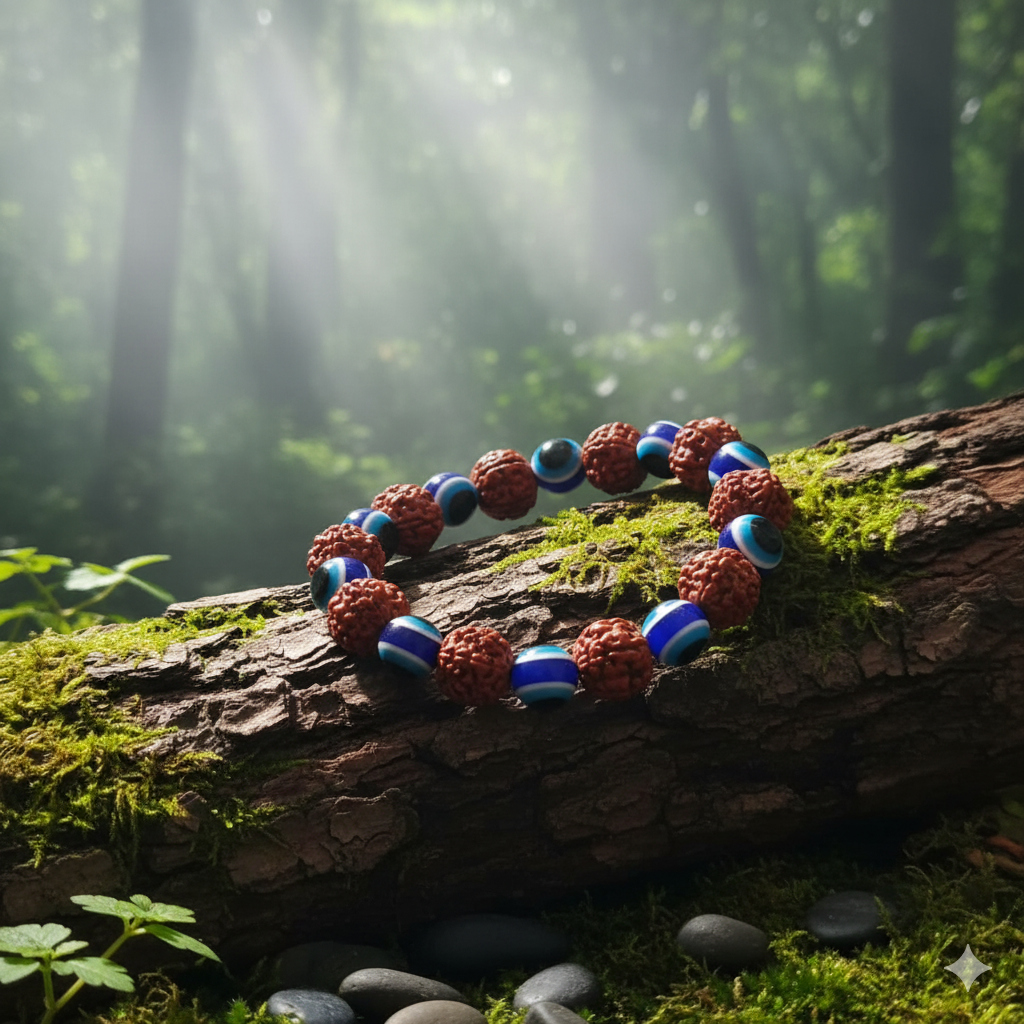 The99Jewel Evil Eye And Rudraksha  Stretchable  Bracelet