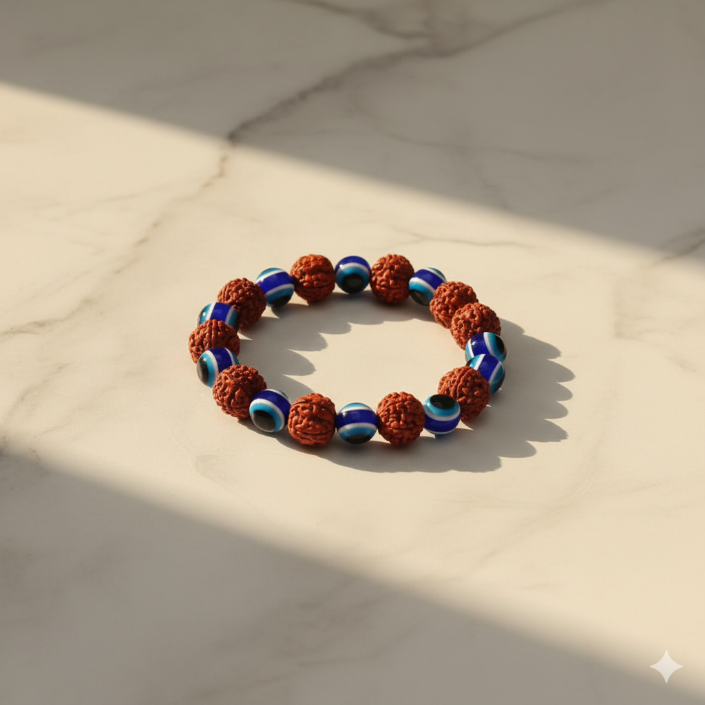 The99Jewel Evil Eye And Rudraksha  Stretchable  Bracelet