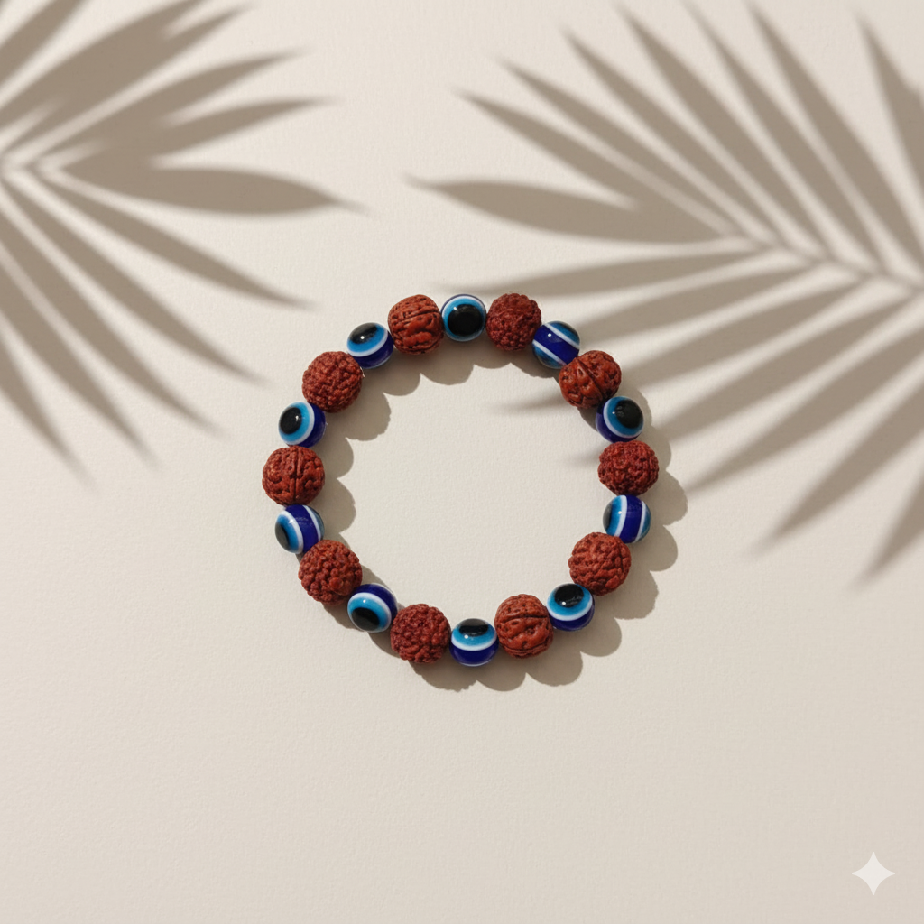 The99Jewel Evil Eye And Rudraksha  Stretchable  Bracelet