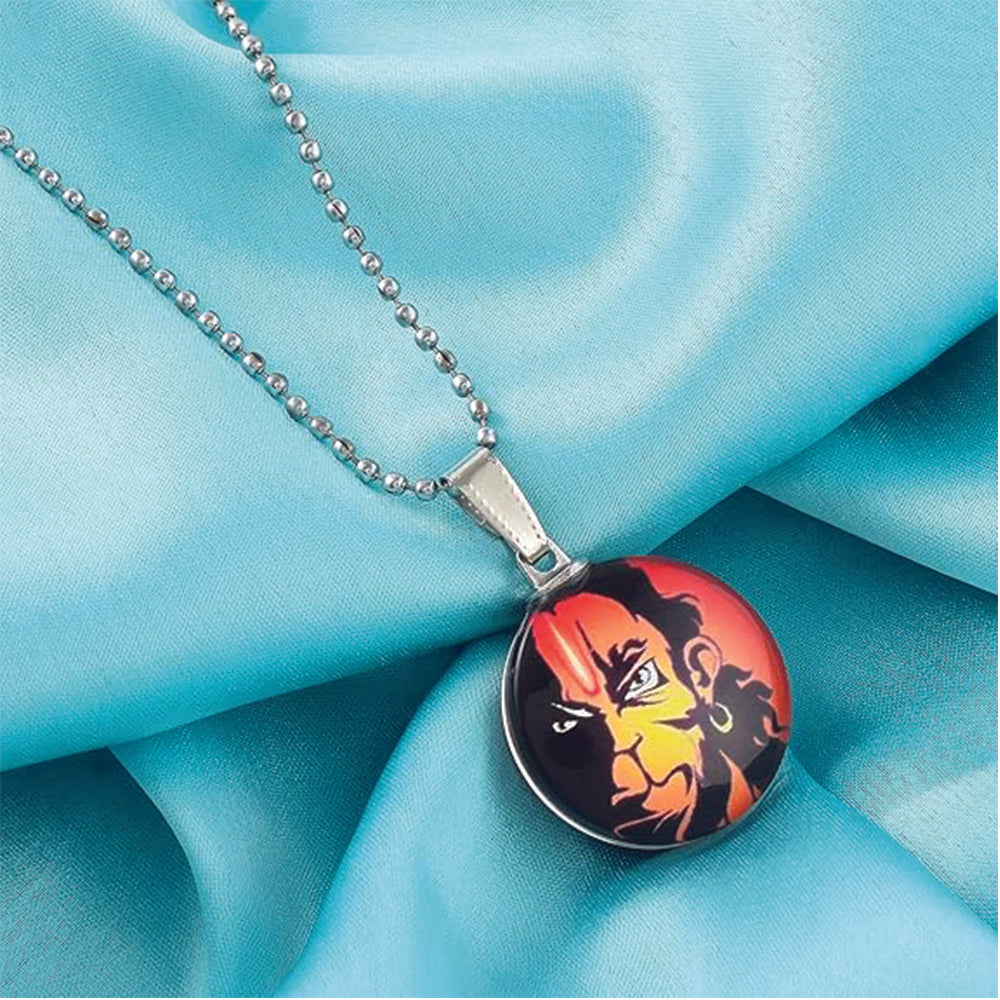 The99Jewel Glass Framed Orange Enamel Hanuman Locket Chain Pendant
