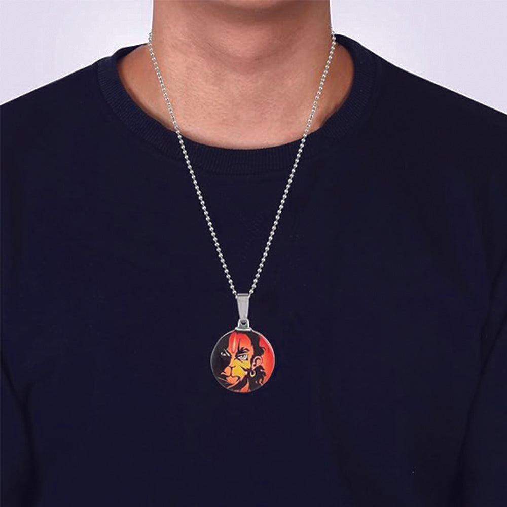 The99Jewel Glass Framed Orange Enamel Hanuman Locket Chain Pendant