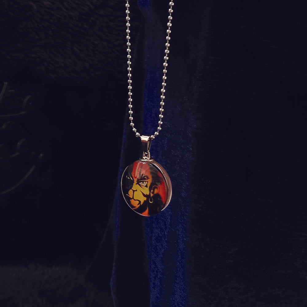 The99Jewel Glass Framed Orange Enamel Hanuman Locket Chain Pendant