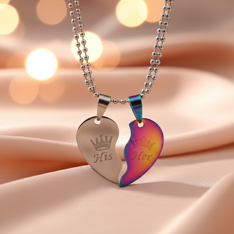 The99Jewel Heart Shape " HIS HER" Couple Chain Pendant- 1404894