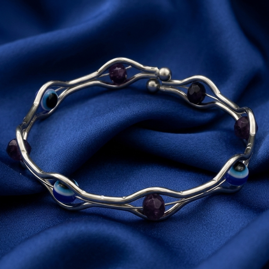 The99Jewel Silver-Tone Evil Eye Beaded Adjustable Kada Bracelet