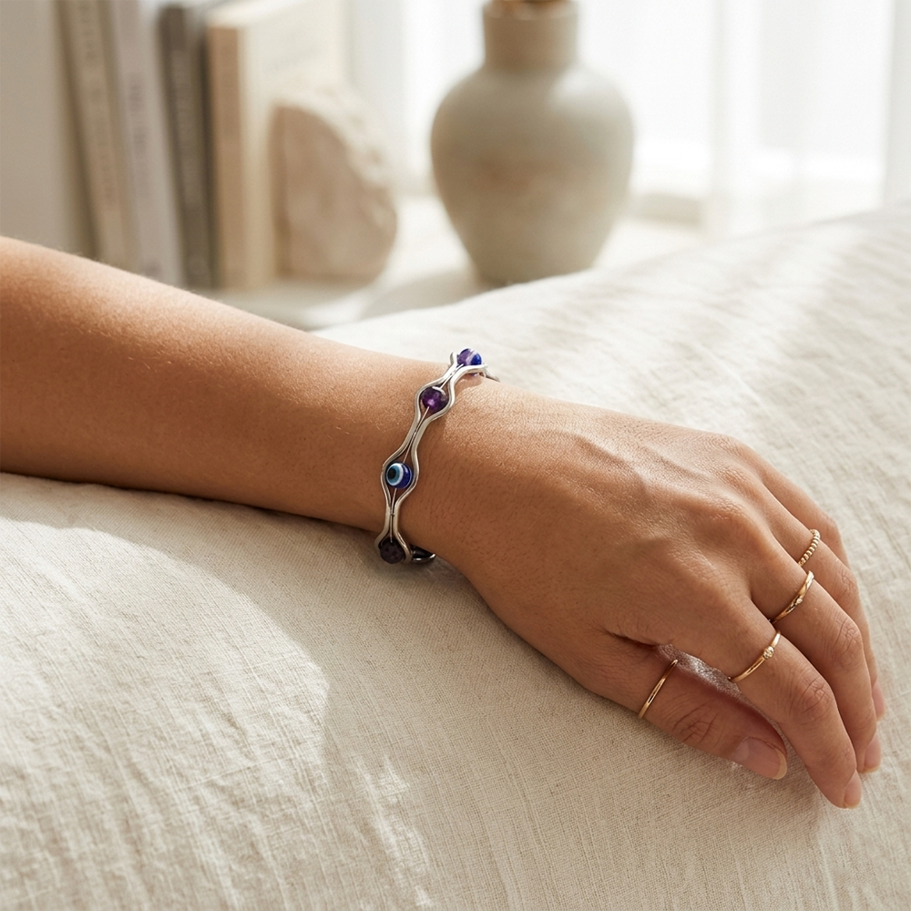 The99Jewel Silver-Tone Evil Eye Beaded Adjustable Kada Bracelet