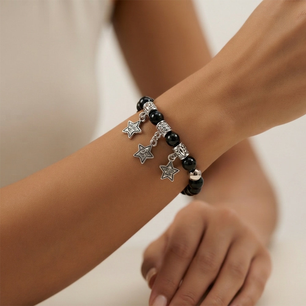The99Jewel Stylish Black Beaded Star Charm Bracelet for Women & Girls