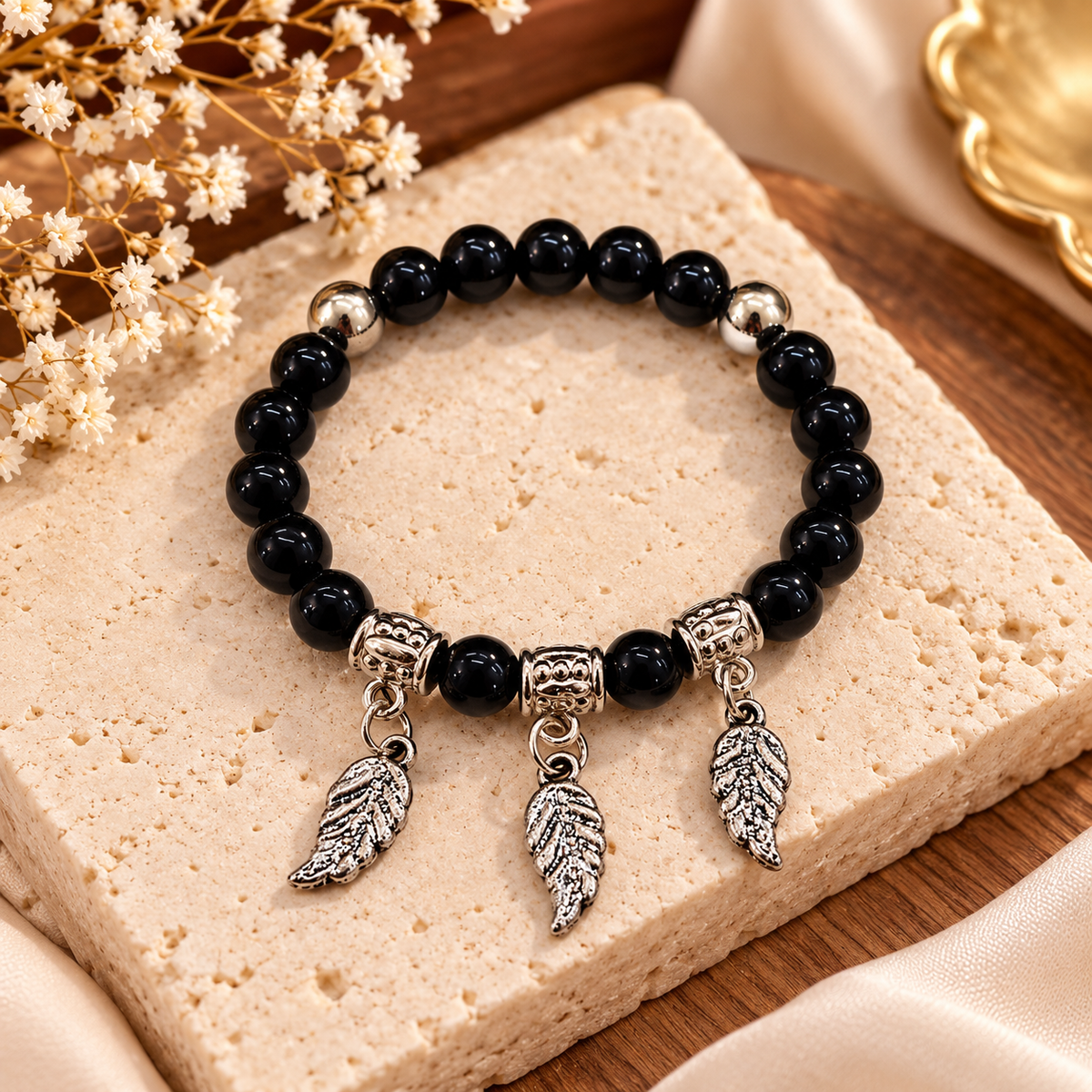The99Jewel Stylish Black Beaded Leaf Charm Bracelet for Women & Girls