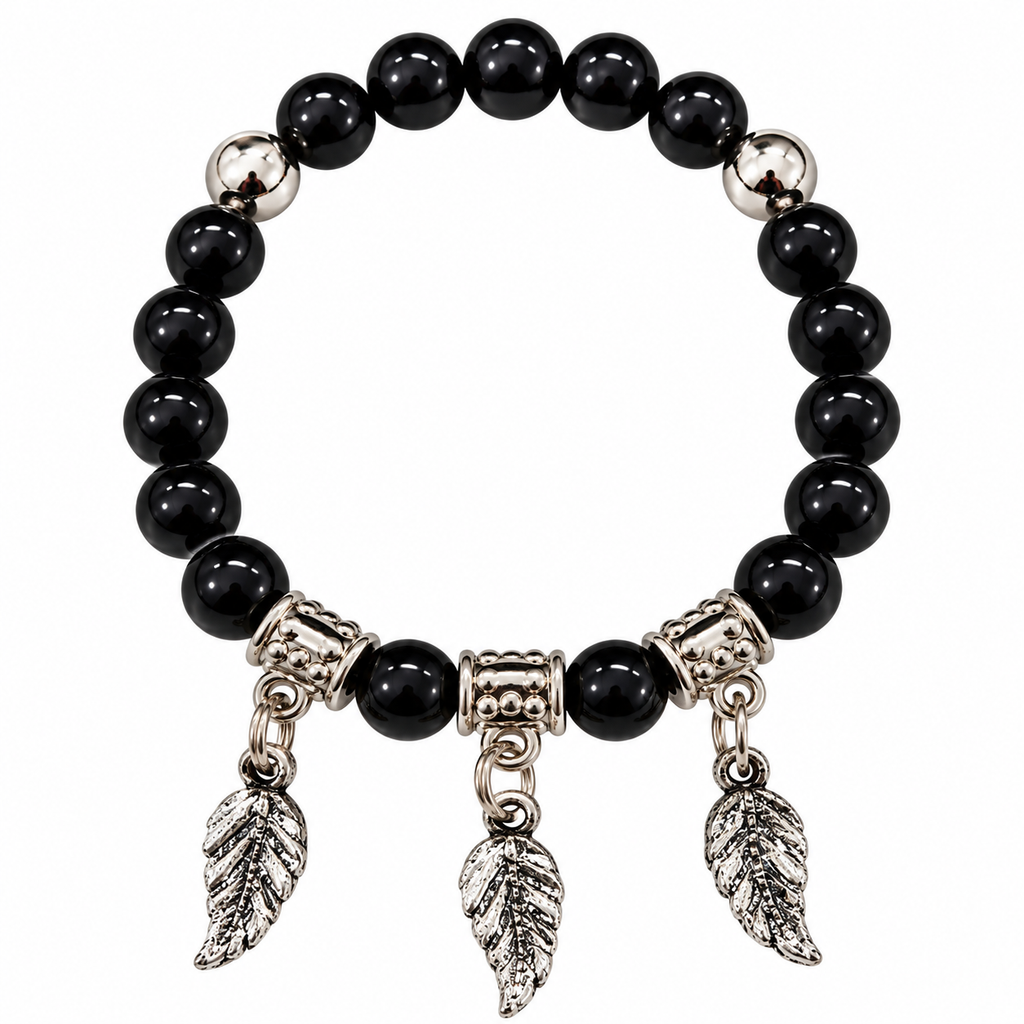The99Jewel Stylish Black Beaded Leaf Charm Bracelet for Women & Girls