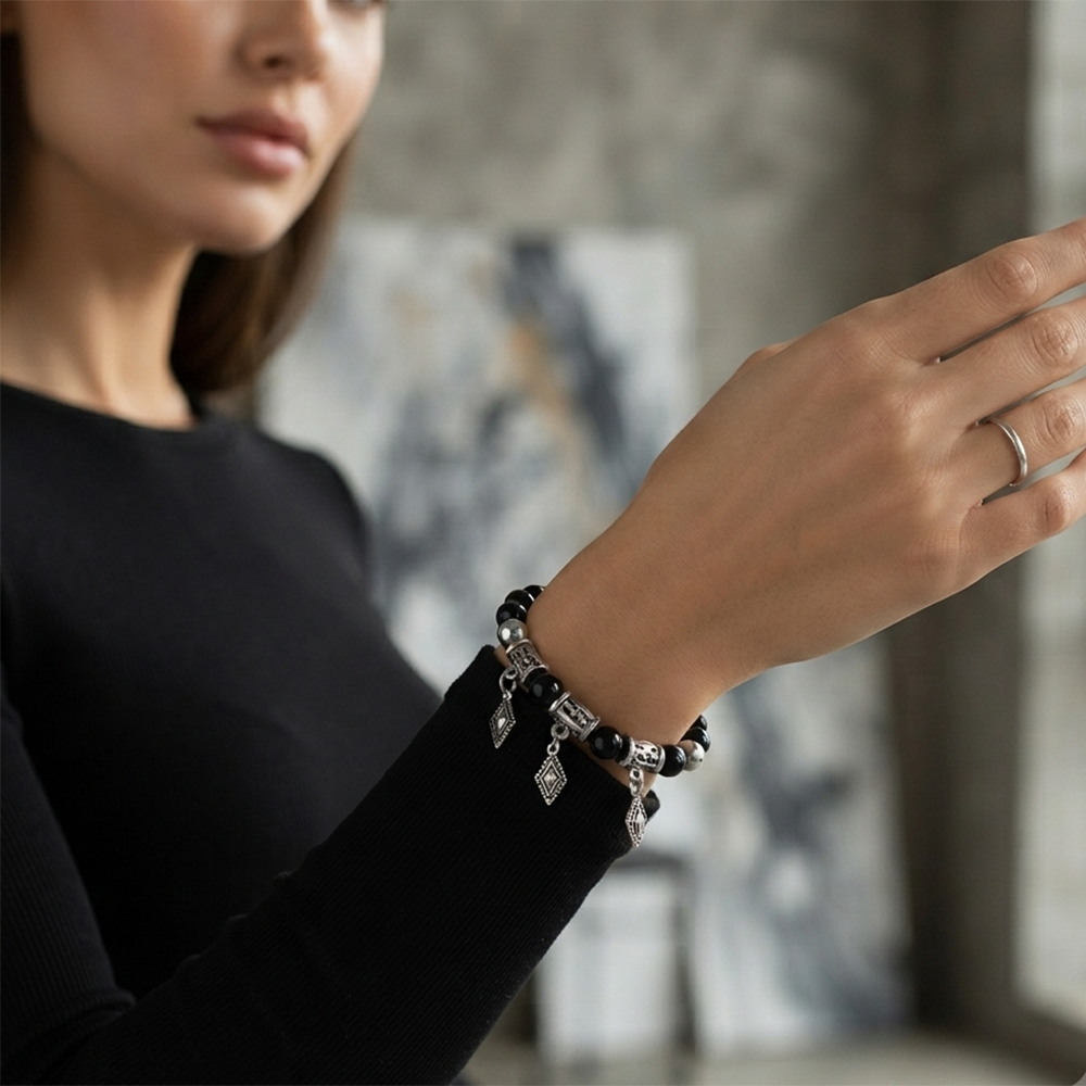The99Jewel Stylish Black Beaded with Oxidised Charm Bracelet for Women & Girls