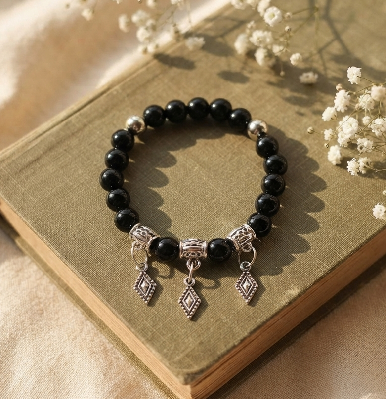 The99Jewel Stylish Black Beaded with Oxidised Charm Bracelet for Women & Girls